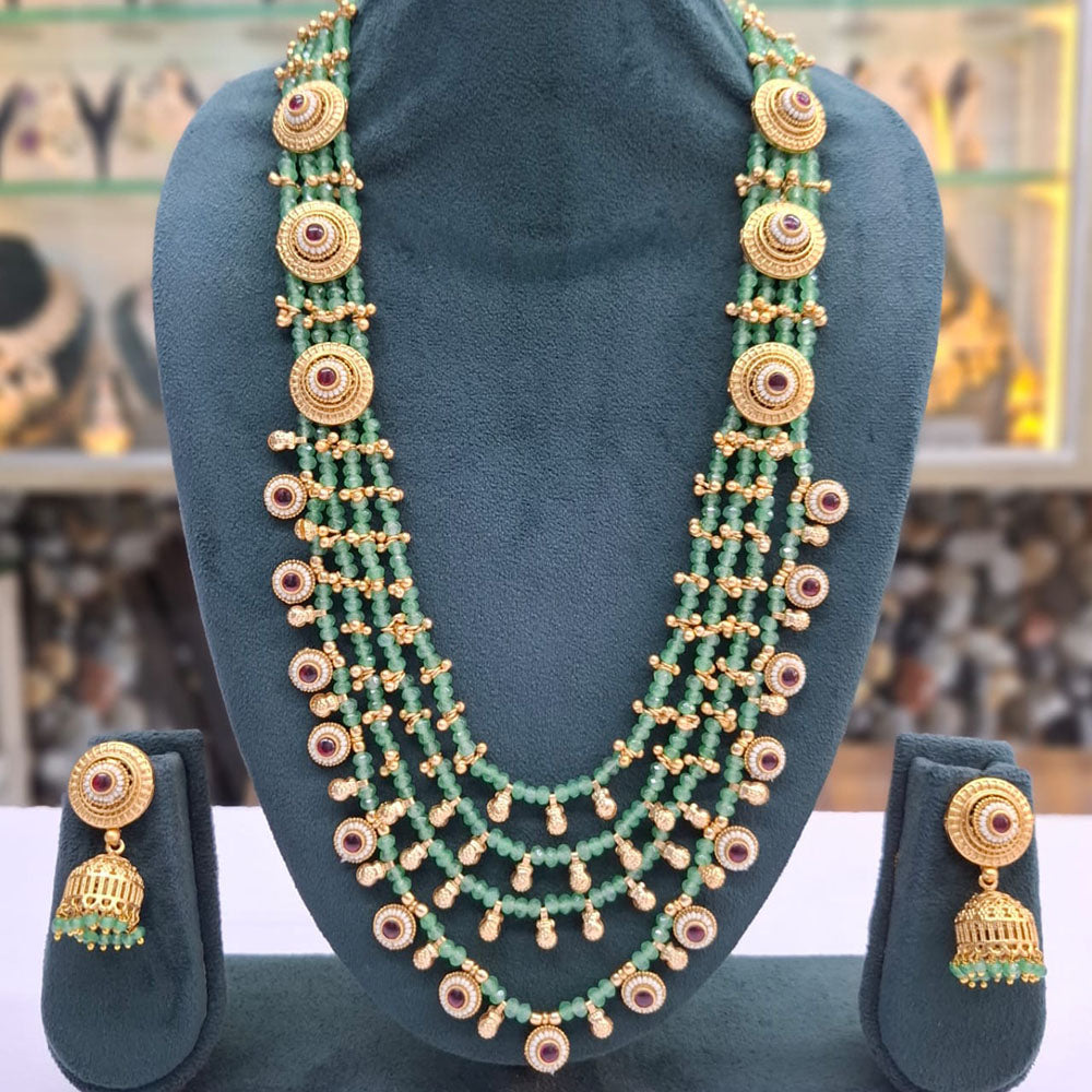 Rajwadi Collection Pota Stone Pearl And Beads Statement Multi Layer Long Necklace Set