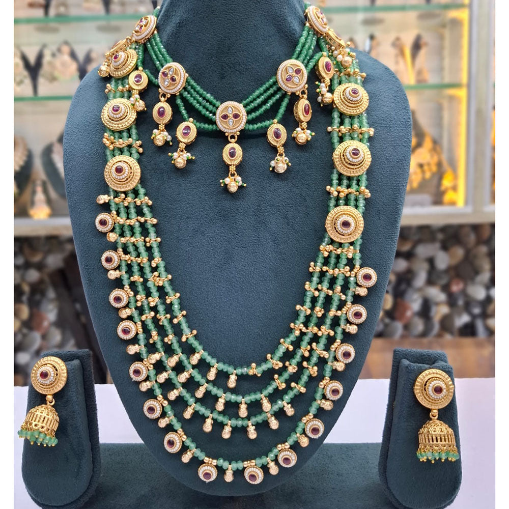 Rajwadi Collection Pota Stone Pearl And Beads Statement Multi Layer Double Necklace Set