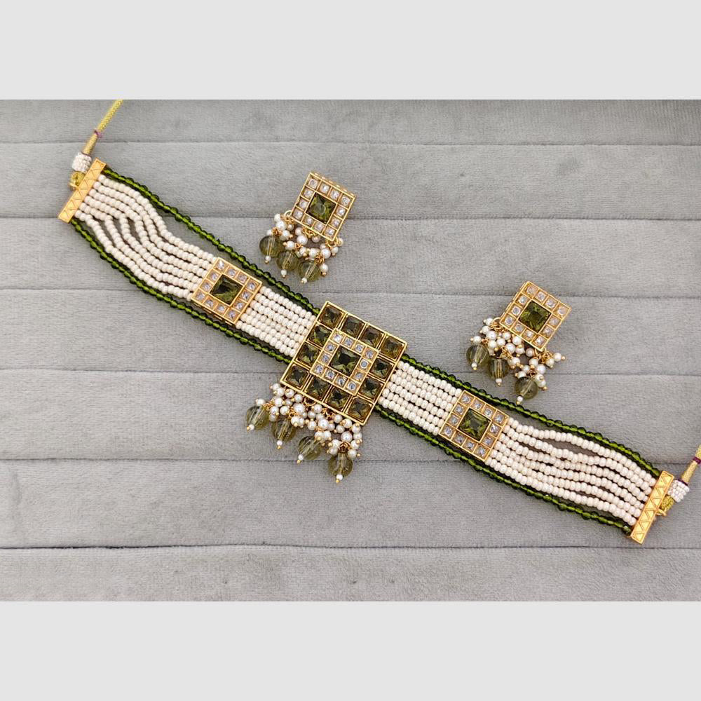 Rajwadi Collection Grand Crystal Stone Pearl And Beads Choker Necklace Set