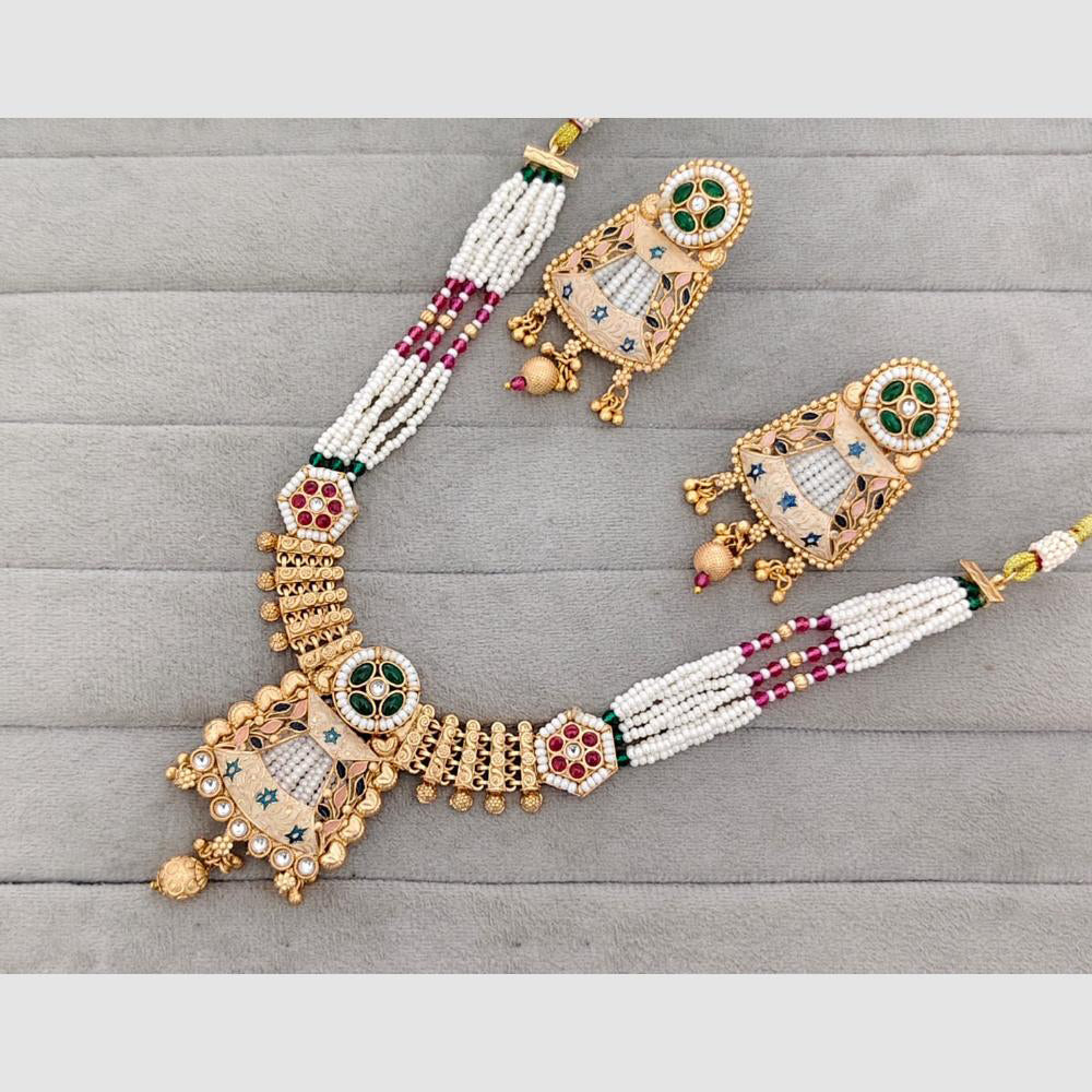 Rajwadi Collection Pota Stone And Pearl Meenakari Statement Necklace Set