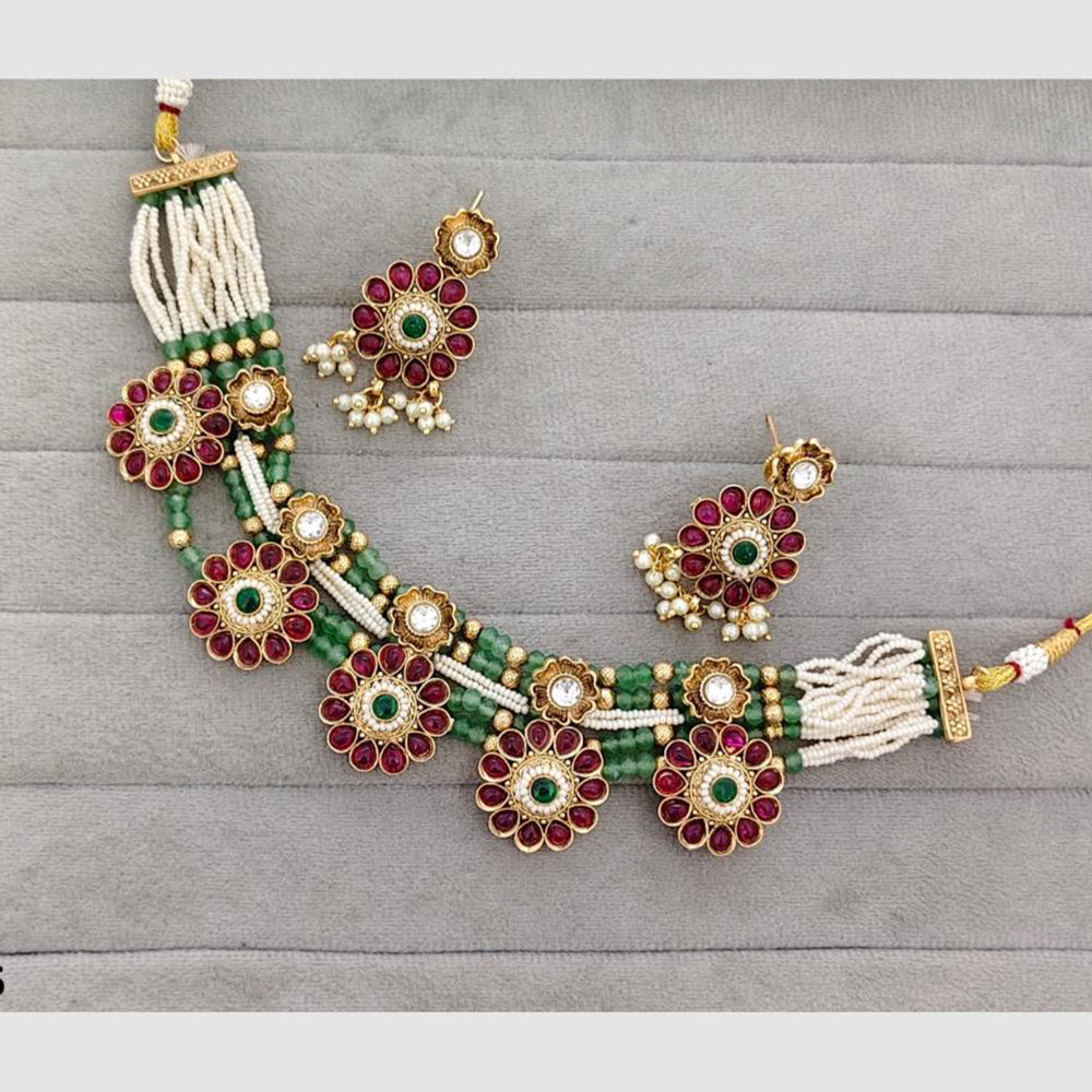 Rajwadi Collection Glam Pota Stone Beads And Pearl Traditional Choker Necklace Set