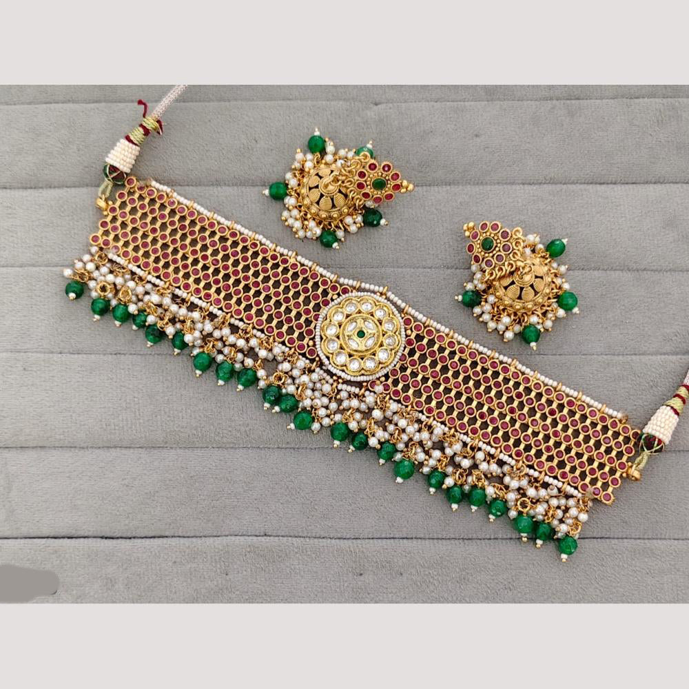 Rajwadi Collection Kundan Stone & Beads Gold Plated Necklace Set