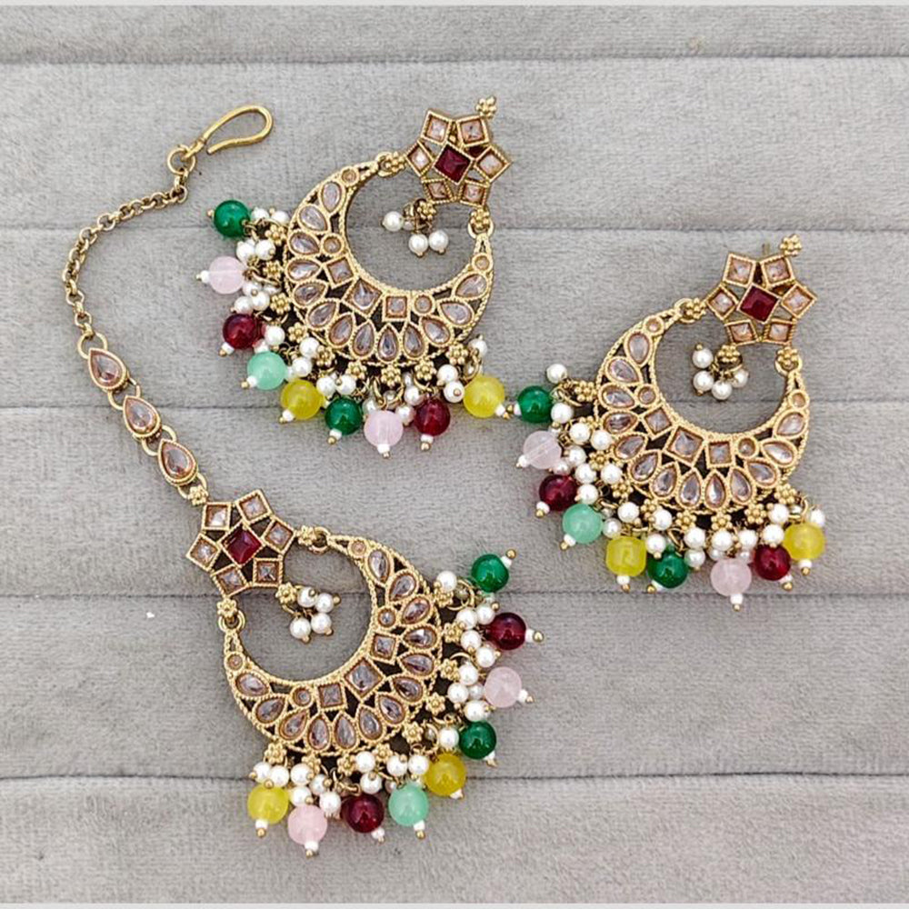Rajwadi Collection Royal Crystal Stone And Pearl Designer Dangler Earrings With Maangtikka
