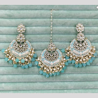 Rajwadi Collection Elegant Kundan Stone and Pearl Meenakari Dangler Earrings With Maangtikka