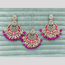 Rajwadi Collection Elegant Kundan Stone and Pearl Meenakari Dangler Earrings With Maangtikka