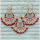 Rajwadi Collection Elegant Kundan Stone and Pearl Meenakari Dangler Earrings With Maangtikka