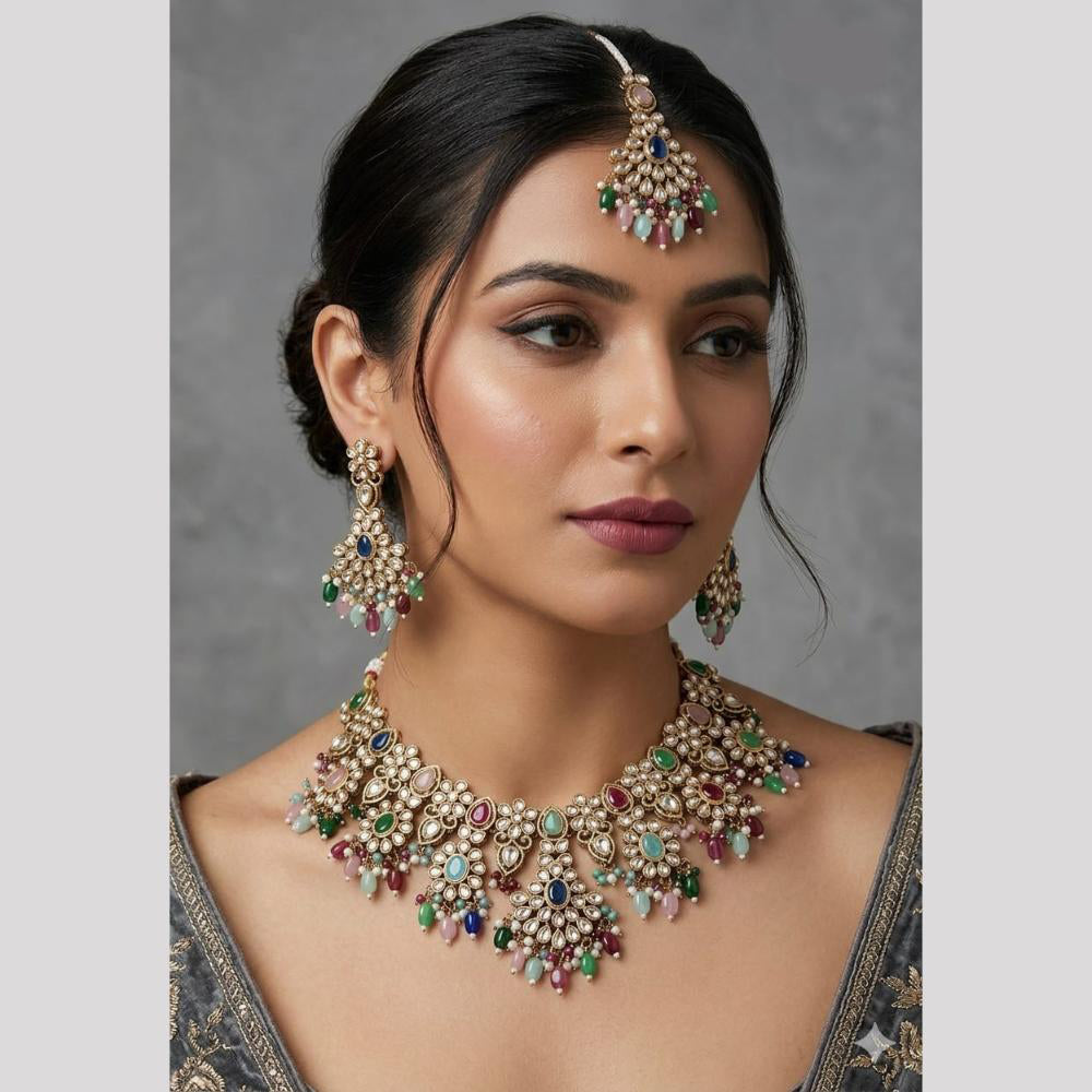 Rajwadi Collection Glam Pota Stone Beads And Pearl Traditional Choker Necklace Set