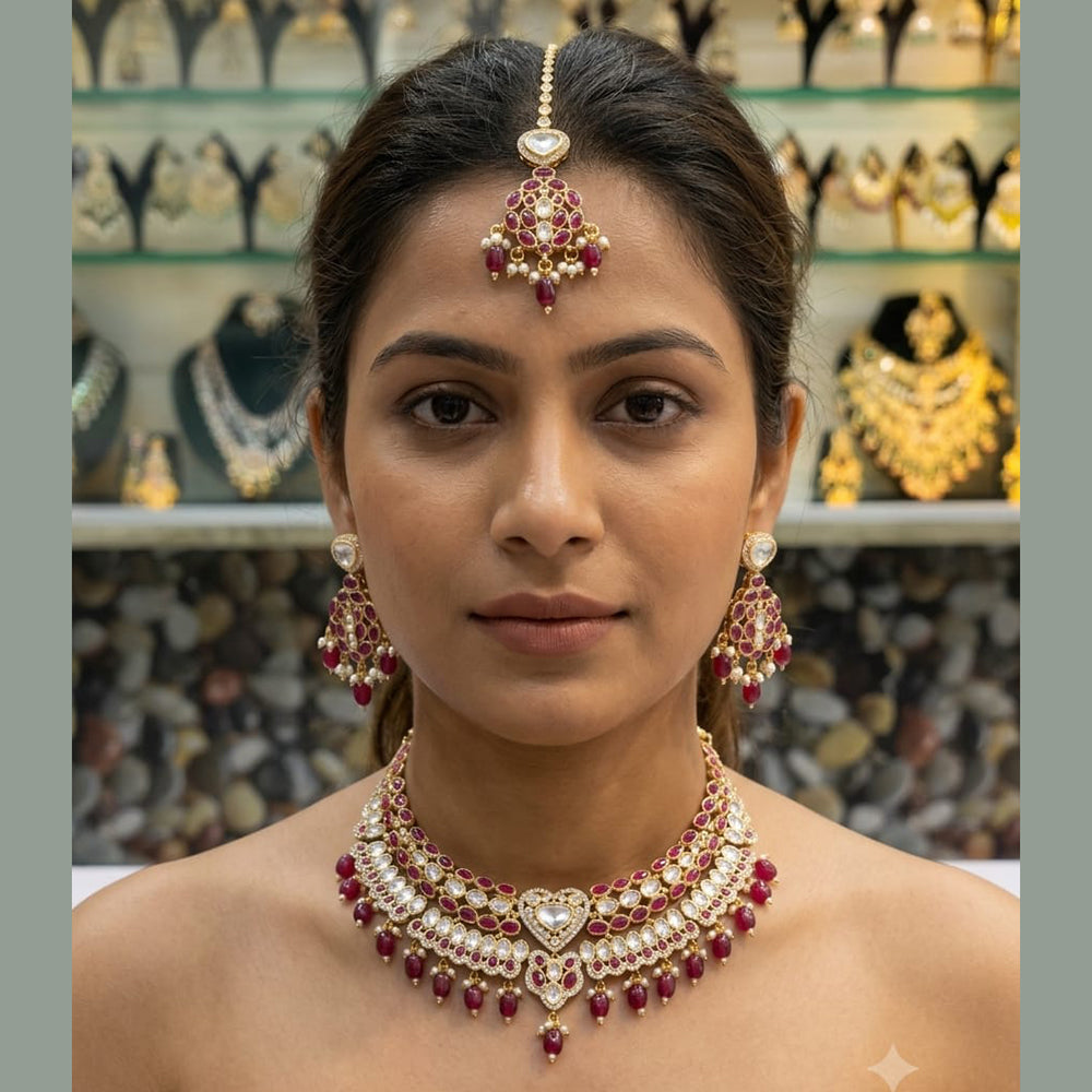 Rajwadi Collection Premium Polki Kundan Stone And Pearl Choker Necklace Set