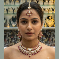 Rajwadi Collection Premium Polki Kundan Stone And Pearl Choker Necklace Set