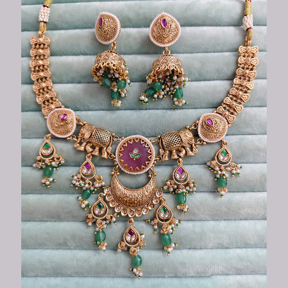 Rajwadi Collection Premium Pota Stone And Pearl Elephant Necklace Set