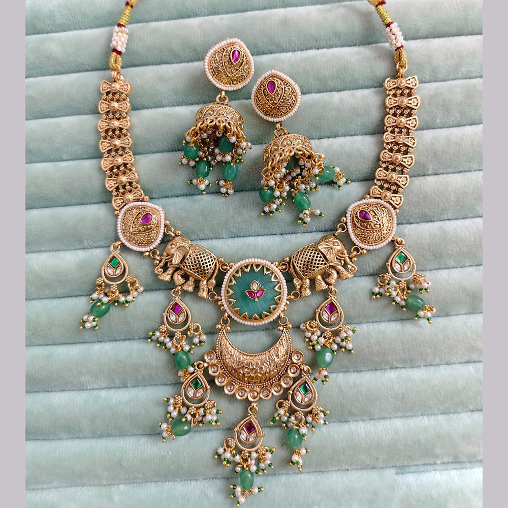 Rajwadi Collection Premium Pota Stone And Pearl Elephant Necklace Set