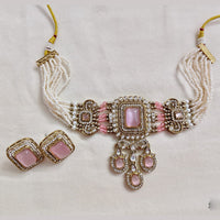 Rajwadi Collection Premium Pota Stone And Pearl Choker Necklace Set 