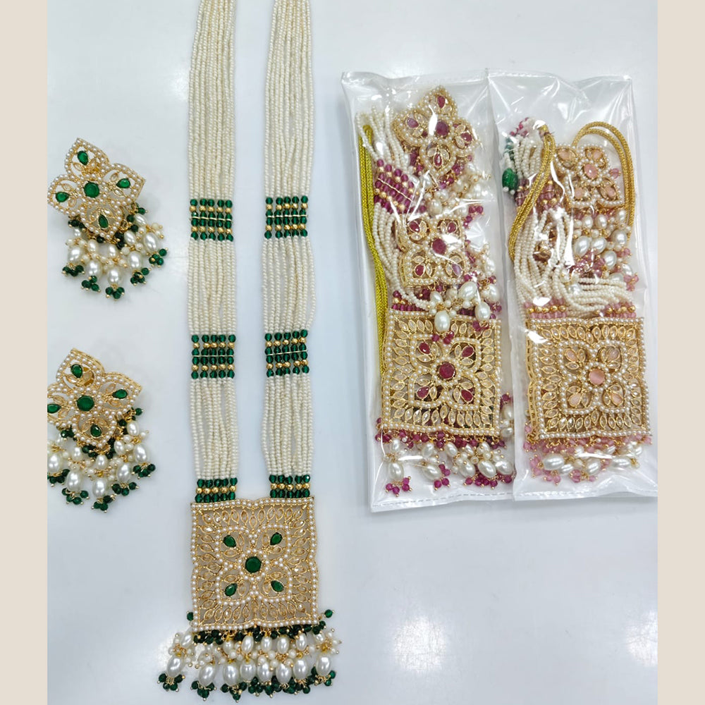 Rajwadi Collection Sparkling Crystal Stone And Pearl Long Necklace Set