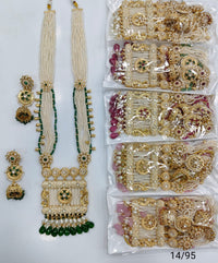 Rajwadi Collection Premium Pota Stone And Pearl Meenakari Long Necklace Set