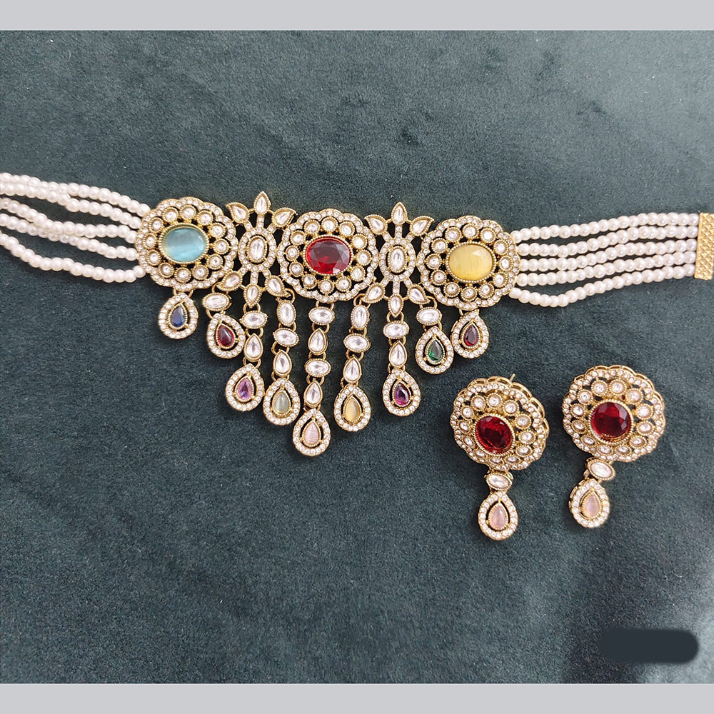 Rajwadi Collection Crystal Stone And Pearl Designer Choker Necklace Set for Women