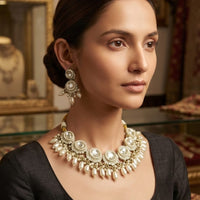 Rajwadi Collection Elegant Kundan Stone Pearl And Beads Necklace Set