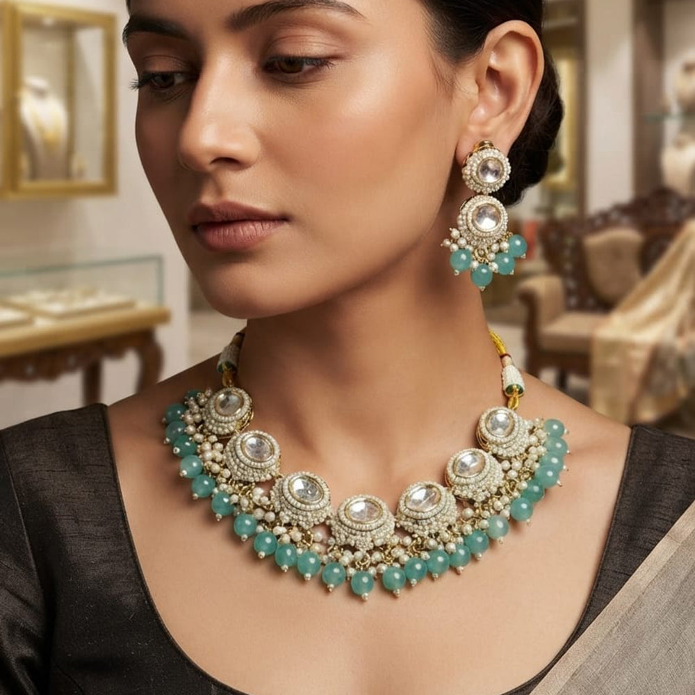 Rajwadi Collection Elegant Kundan Stone Pearl And Beads Necklace Set