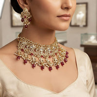 Rajwadi Collection Exquisite Polki Kundan Stone Pearl And Beads Choker Necklace Set 