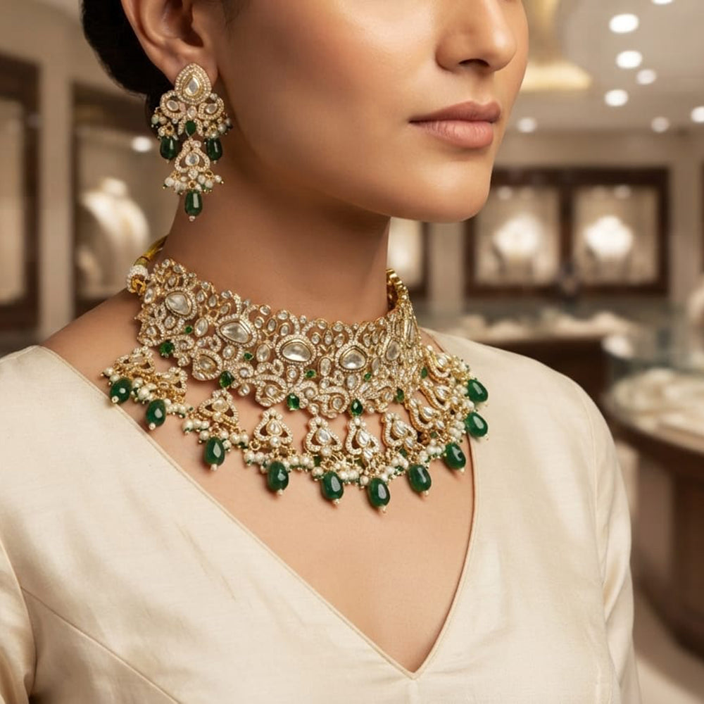Rajwadi Collection Exquisite Polki Kundan Stone Pearl And Beads Choker Necklace Set