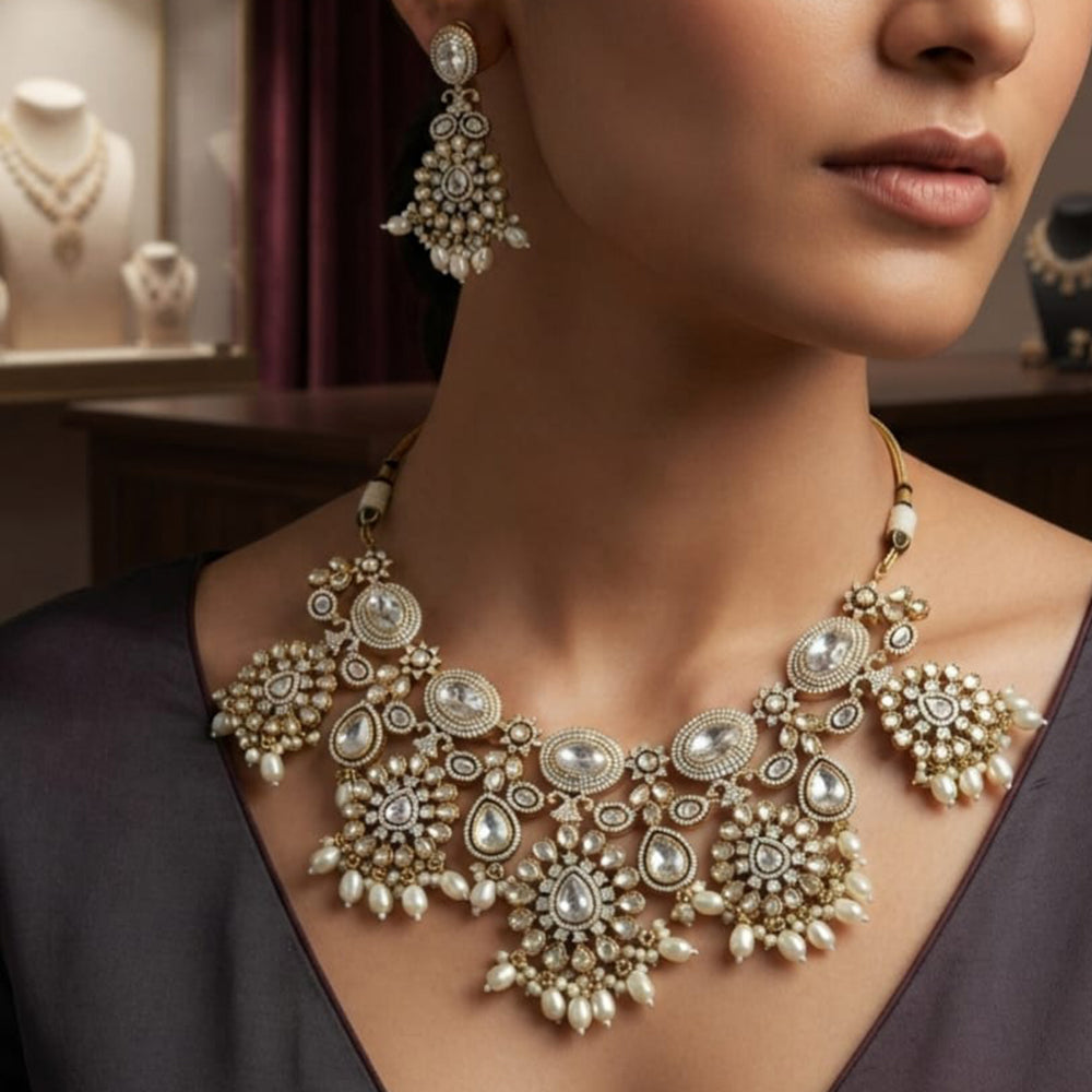 Rajwadi Collection Exquisite Polki Kundan Stone Pearl And Beads Choker Necklace Set