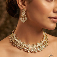 Rajwadi Collection Designer Polki Kundan And Pearl Choker Necklace Set