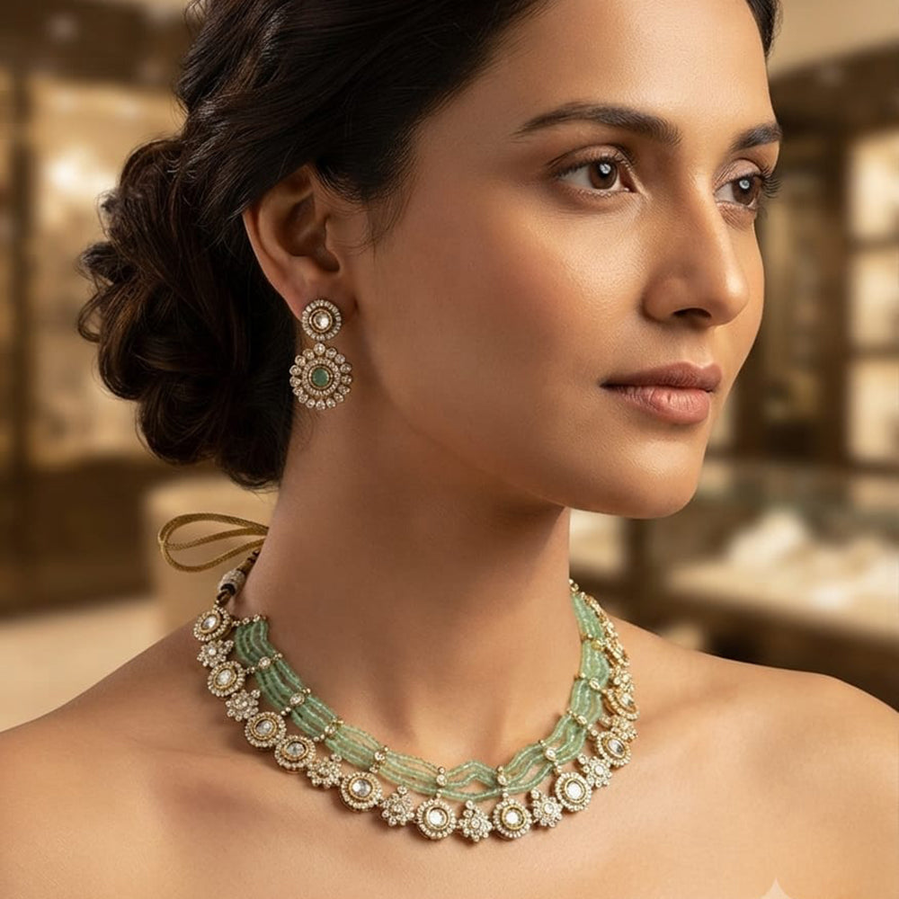 Rajwadi Collection Designer Polki Kundan And Pearl Choker Necklace Set