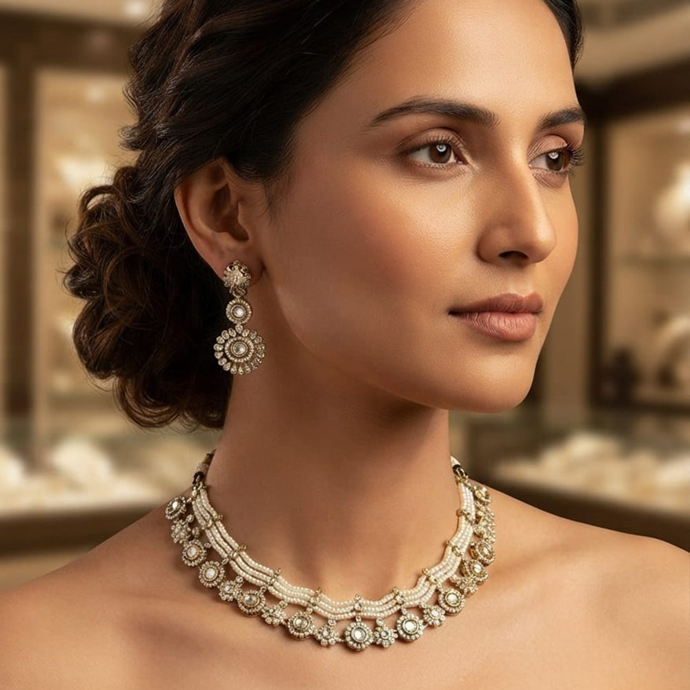 Rajwadi Collection Designer Polki Kundan And Pearl Choker Necklace Set