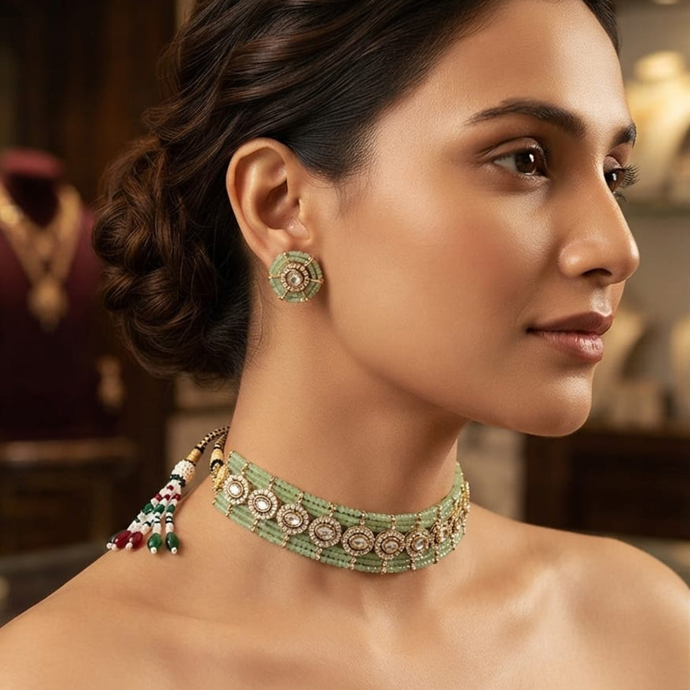 Rajwadi Collection Designer Polki Kundan And Pearl Choker Necklace Set