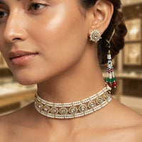 Rajwadi Collection Designer Polki Kundan And Pearl Choker Necklace Set