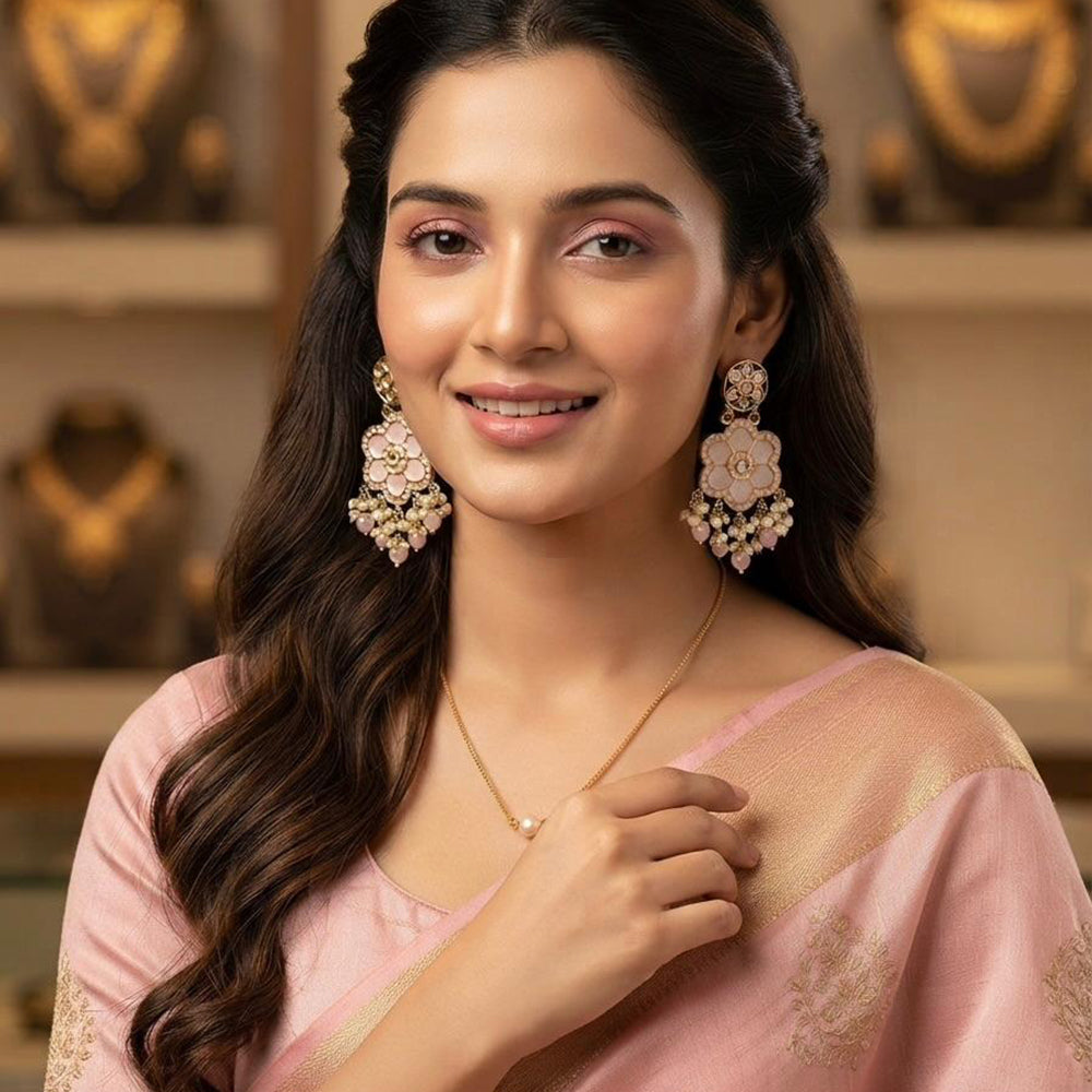 Rajwadi Collection Elegant Crystal Stone And Pearl Dangler Earrings