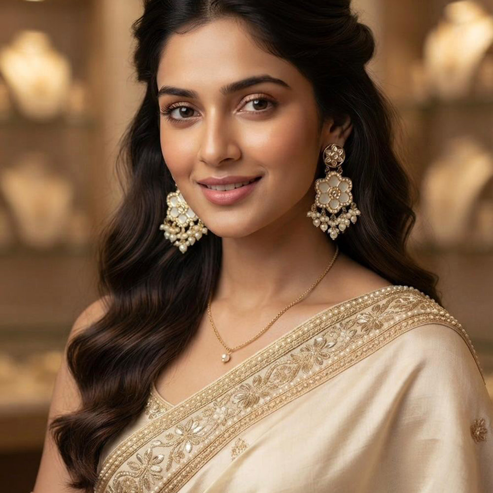 Rajwadi Collection Elegant Crystal Stone And Pearl Dangler Earrings