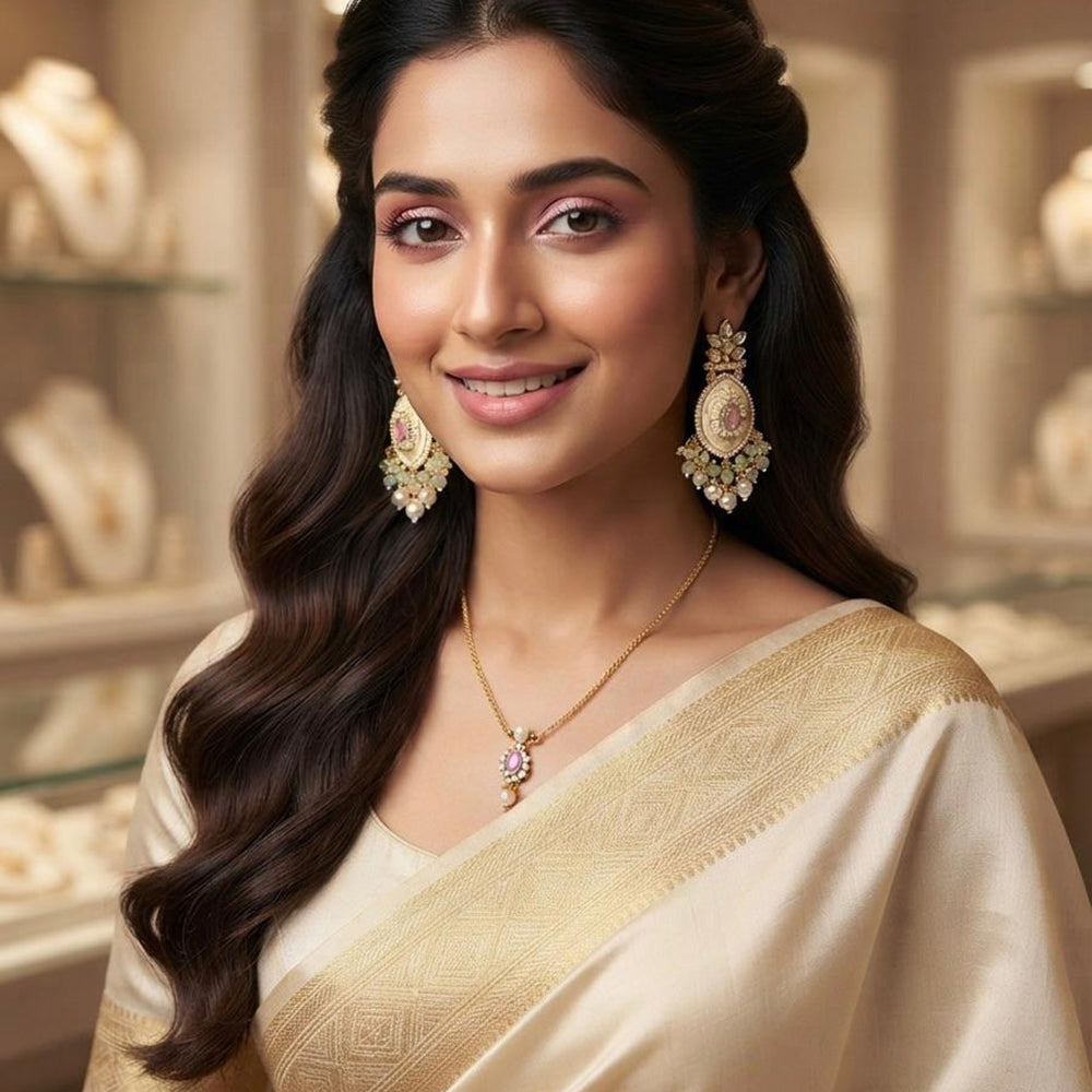Rajwadi Collection Elegant Kundan Stone and Pearl  Meenakari Dangler Earrings
