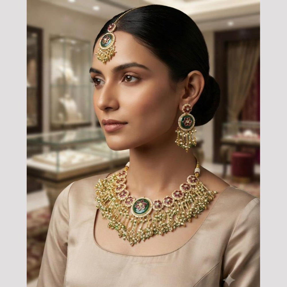 Rajwadi Collection Premium Pota Stone And Pearl Necklace Set for Women