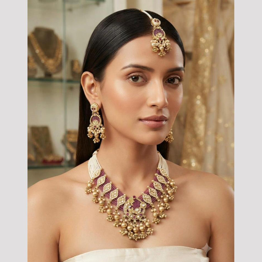 Rajwadi Collection Premium Pota Stone And Pearl Necklace Set for Women