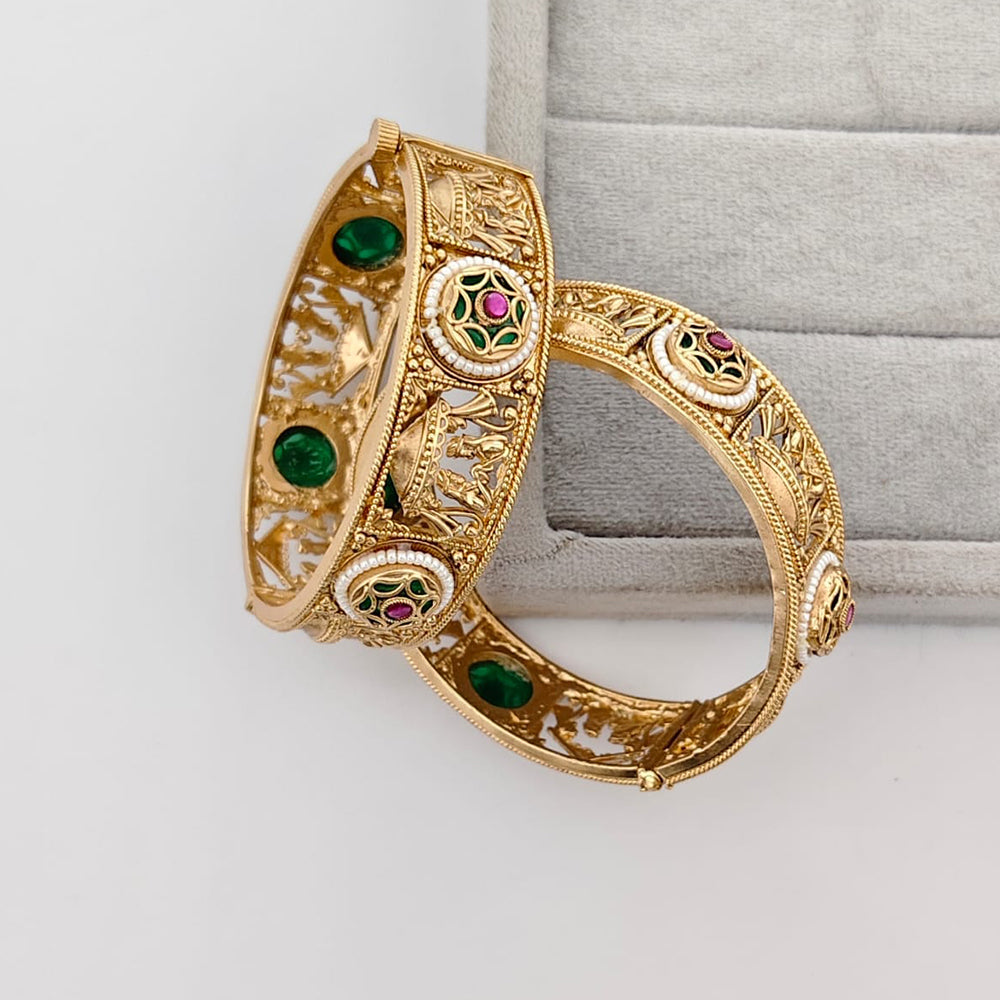 Rajwadi Collection Premium Pota Stone And Pearl Openable Bangles Set