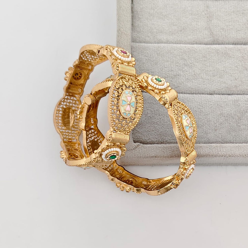 Rajwadi Collection Premium Pota Stone And Pearl Meenakari Openable Bangles Set