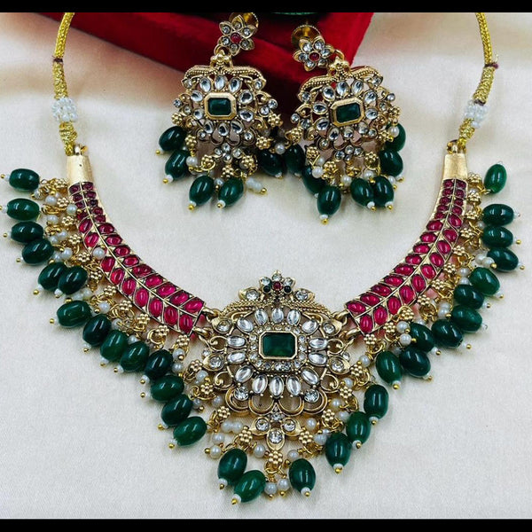 VF Collection Gold Plated Kundan Stone And Beads Necklace Set