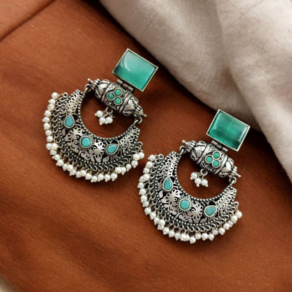 Maharani Jewels Oxidised Plated Pota Stone And  Pearl Dangler Earrings