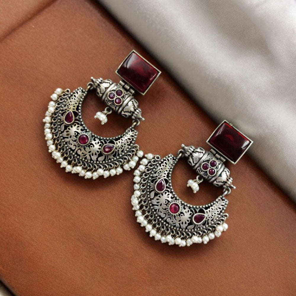 Maharani Jewels Oxidised Plated Pota Stone And  Pearl Dangler Earrings