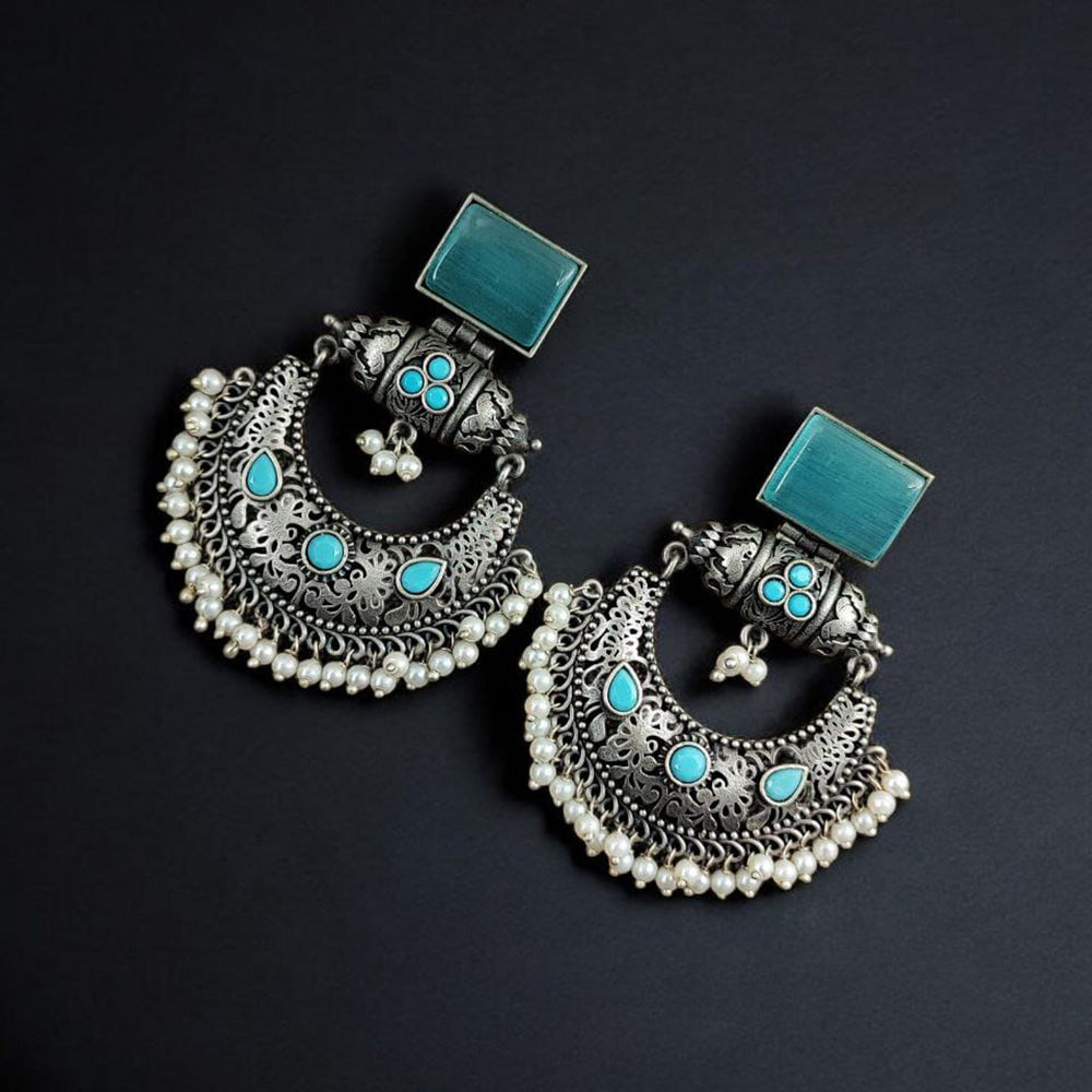 Maharani Jewels Oxidised Plated Pota Stone And  Pearl Dangler Earrings