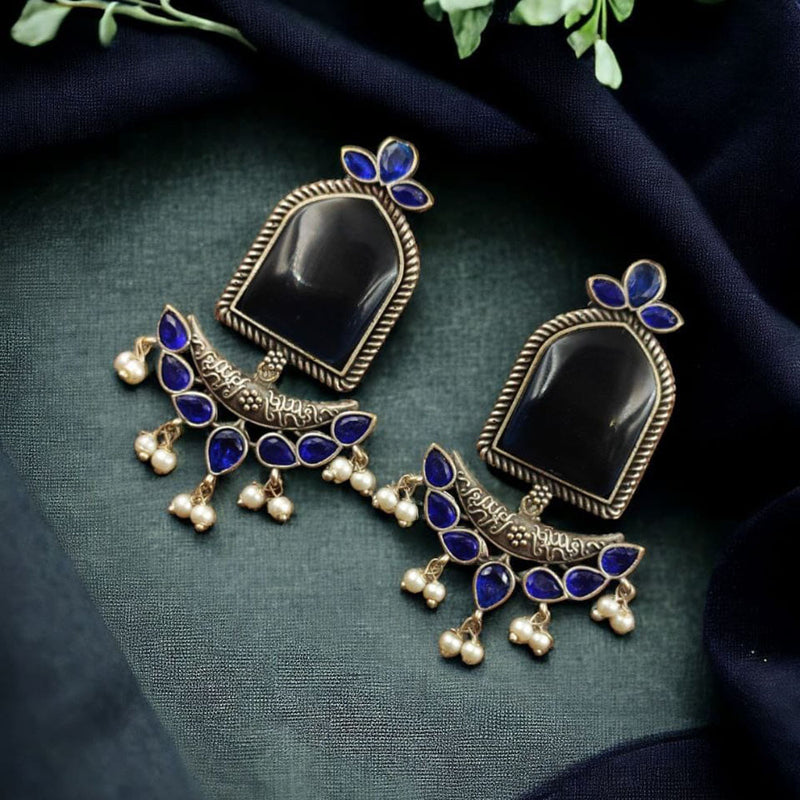 Maharani Jewels Oxidised Plated Pota Stone And Pearl Dangler Earrings