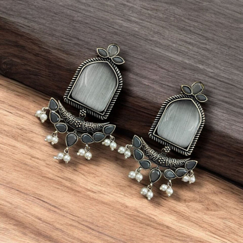 Maharani Jewels Oxidised Plated Pota Stone And Pearl Dangler Earrings