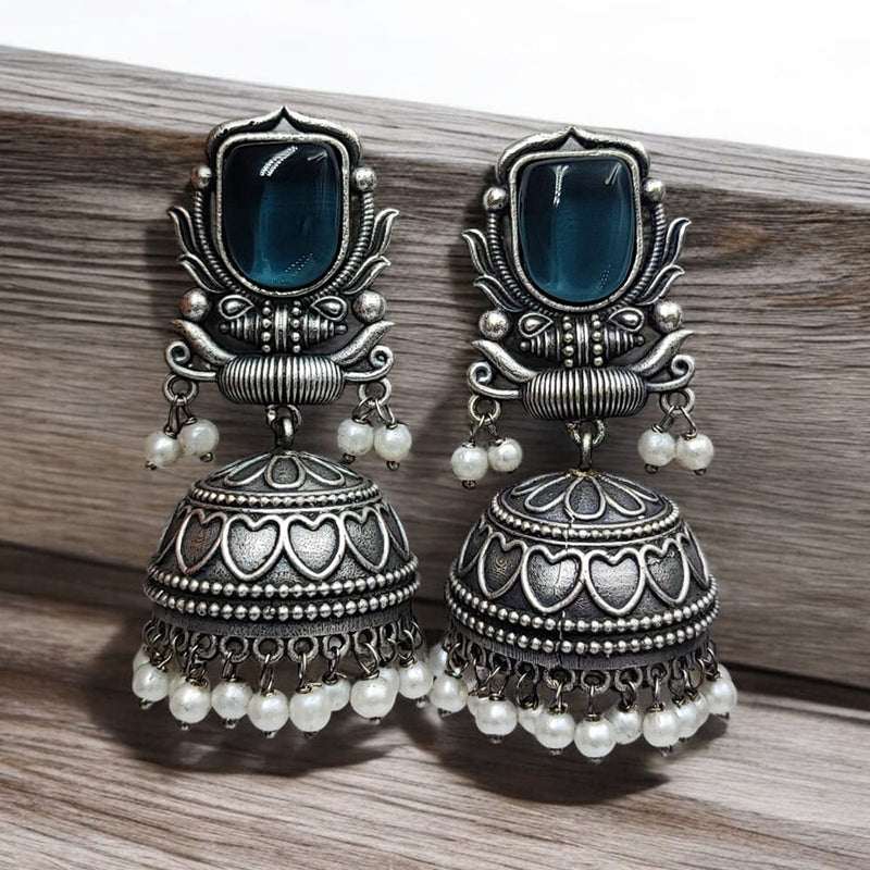 Maharani Jewels Oxidised Plated Pota Stone And Pearl Jhumki Earrings