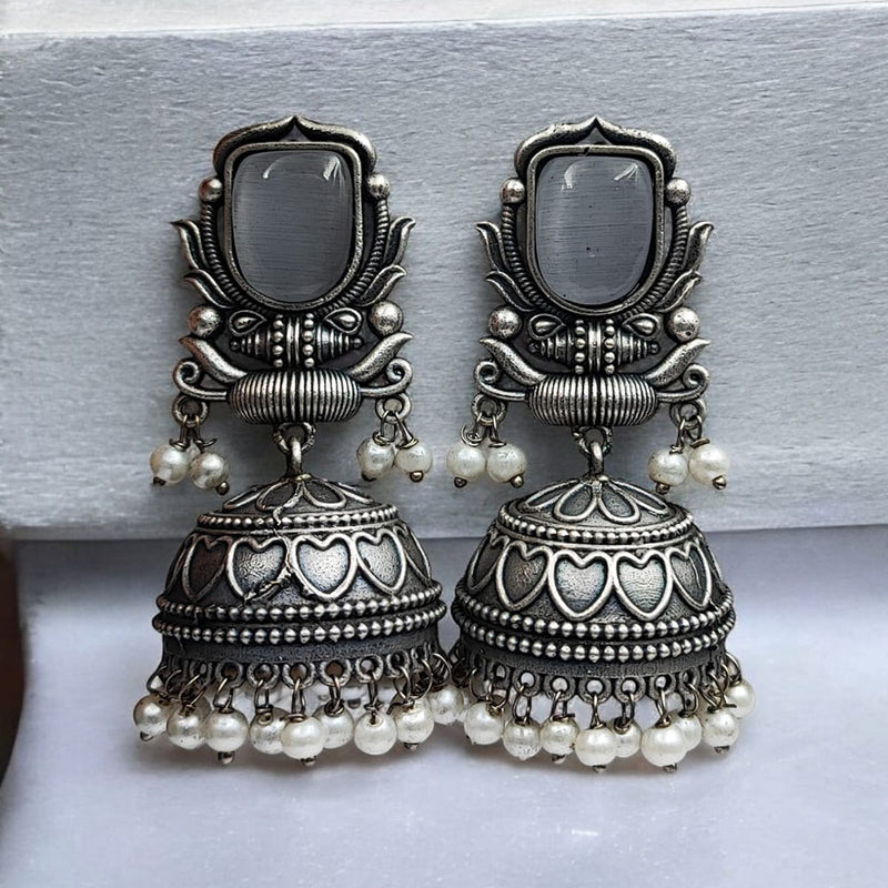 Maharani Jewels Oxidised Plated Pota Stone And Pearl Jhumki Earrings