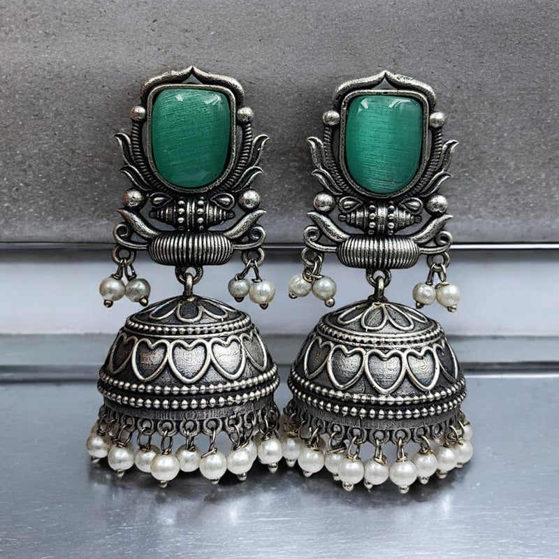 Maharani Jewels Oxidised Plated Pota Stone And Pearl Jhumki Earrings