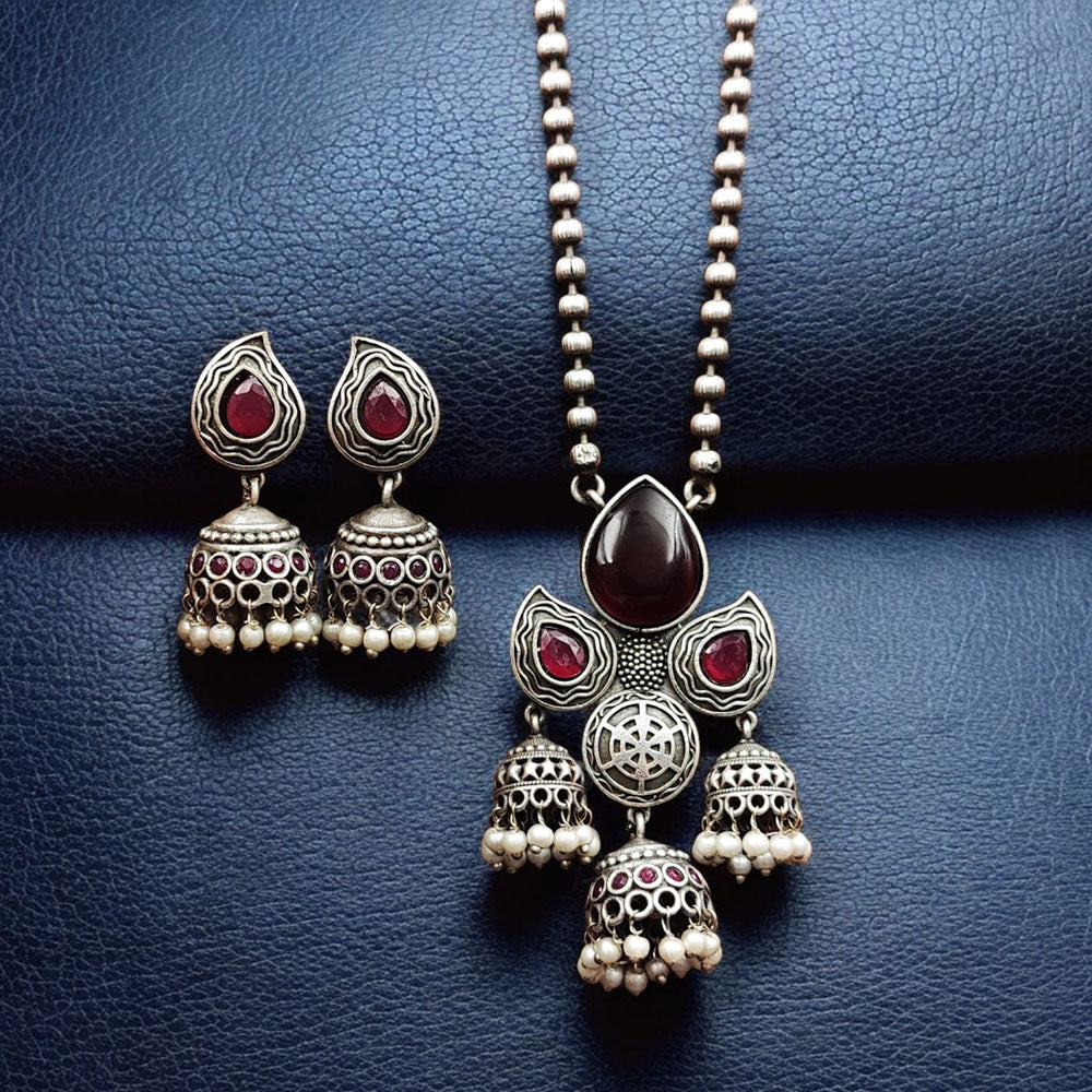 Maharani Jewels Oxidised Plated Pota Stone Necklace Set