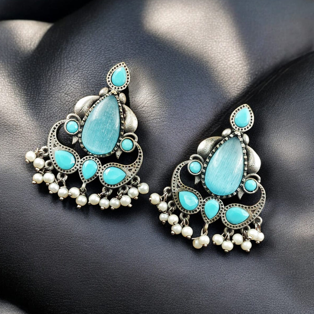 Maharani Jewels Oxidised Plated Pota Stone And Pearls Dangler Earrings