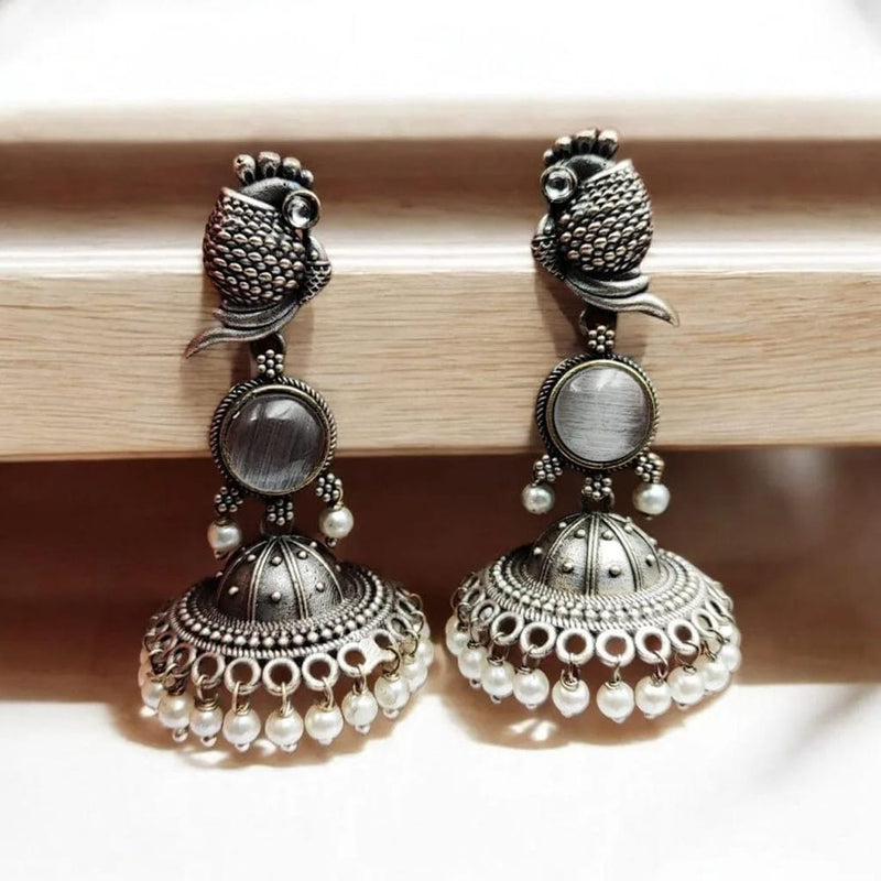 Maharani Jewels Oxidised Plated Pota Stone And Pearl Jhumki Earrings