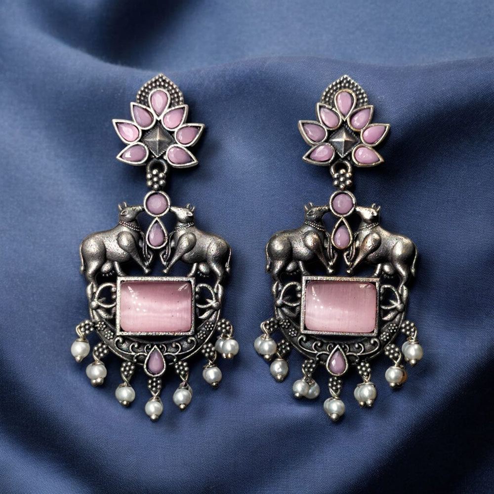 Maharani Jewels Oxidised Plated Pota Stone Dangler Earrings