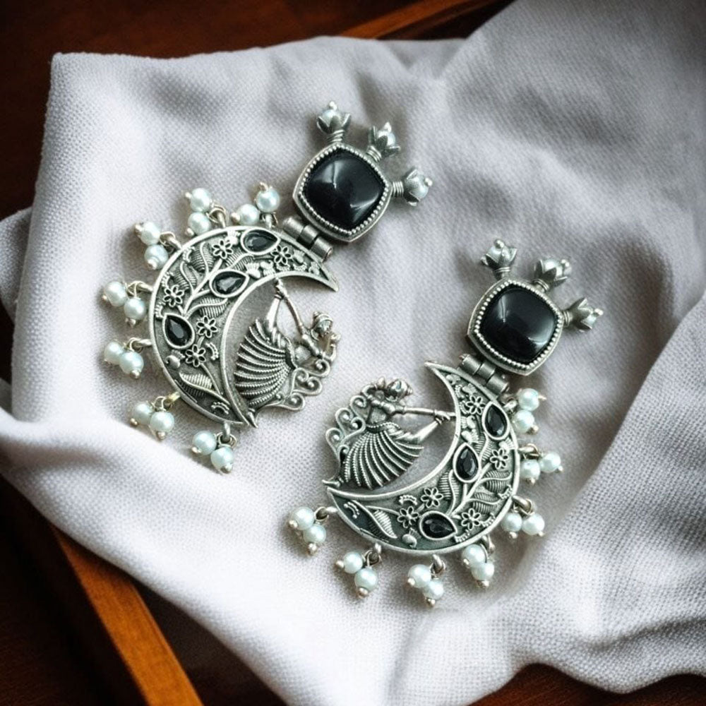 Maharani Jewels Oxidised Plated Pota Stone And Pearls Dangler Earrings